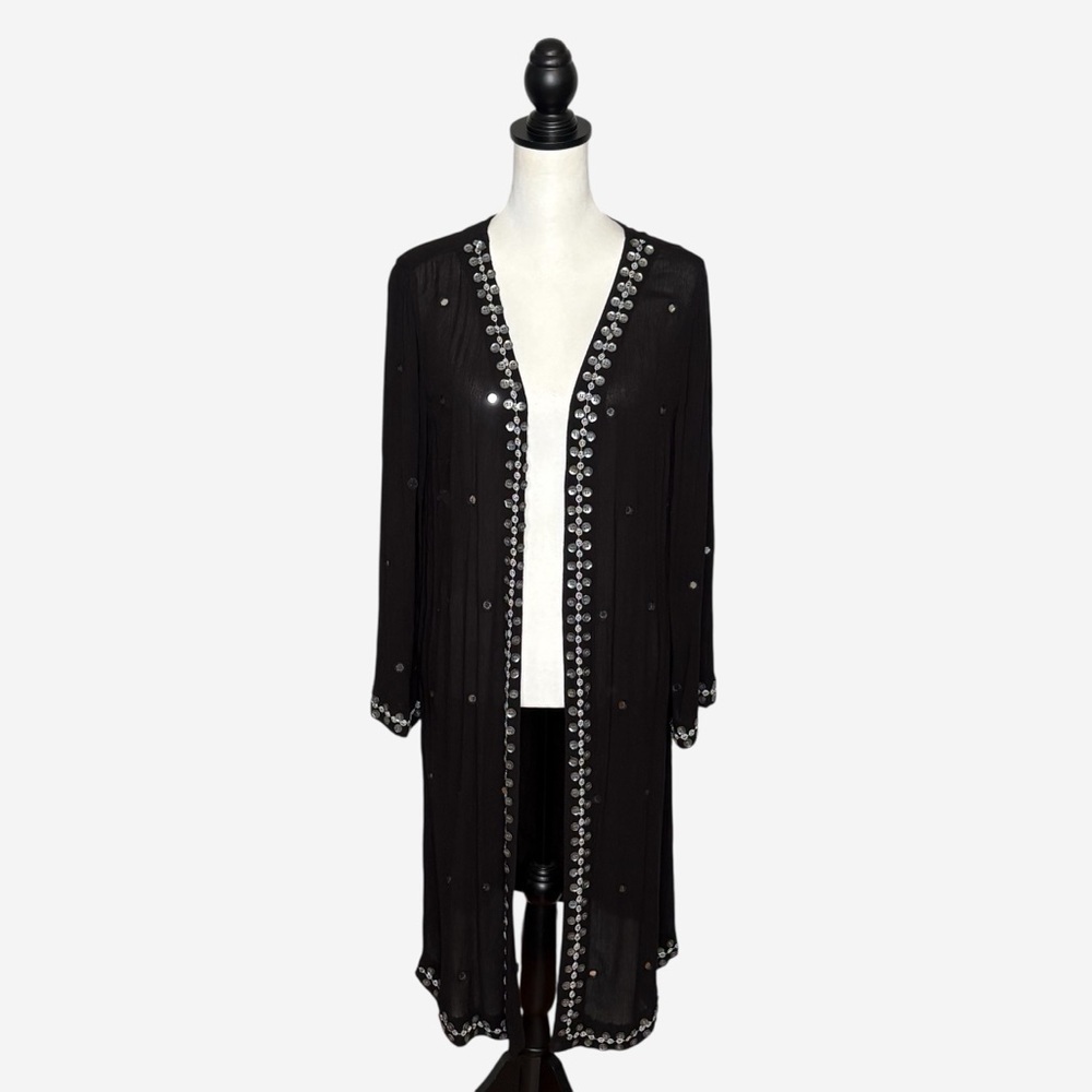 Soft Surroundings Embellished Duster Kimono M Black 3/4 Sleeve Split Cuff Open - Picture 2 of 13